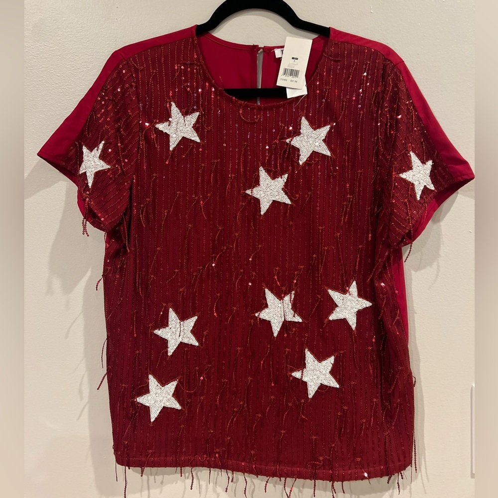 TCEC Red Fringe Star Sequin Short Sleeve Top